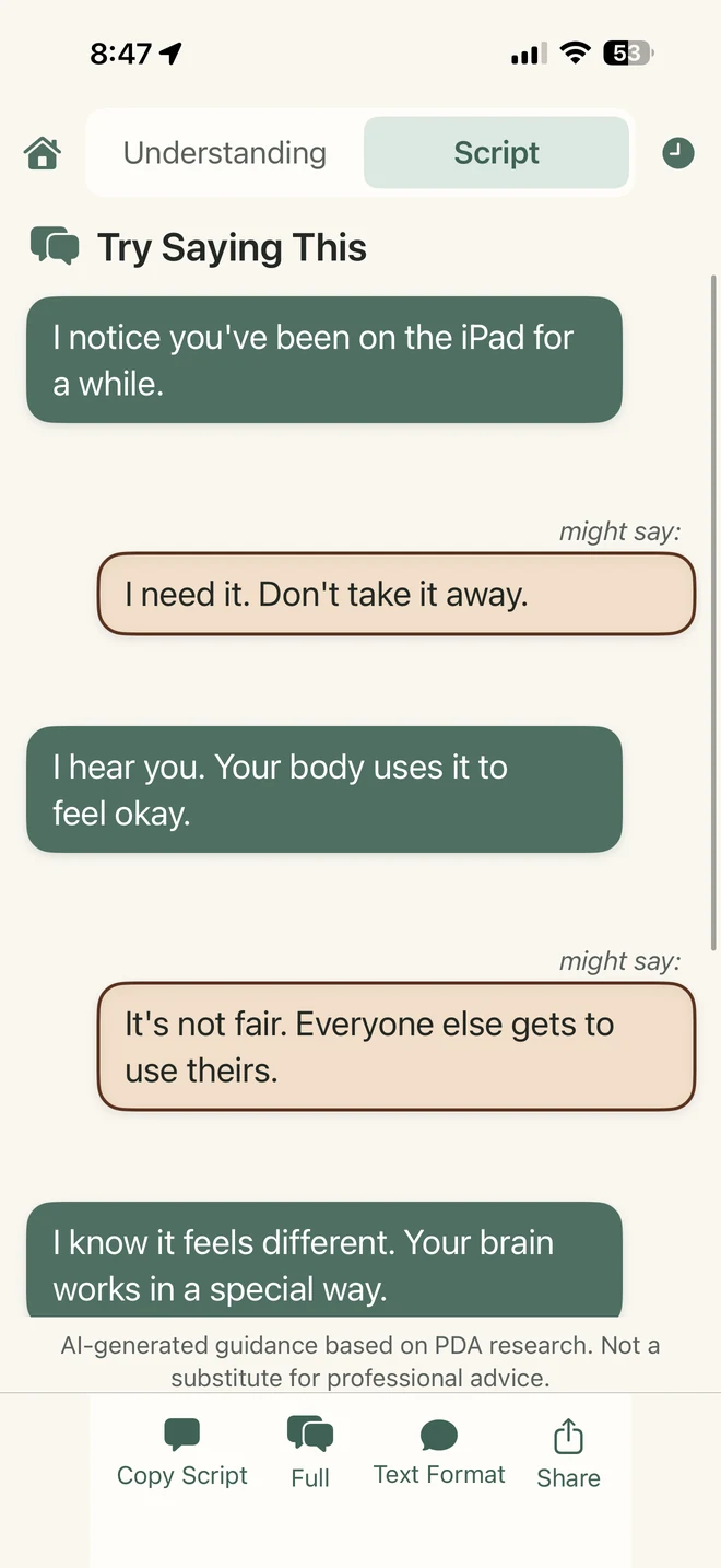 Script response with calm language in PDA Question