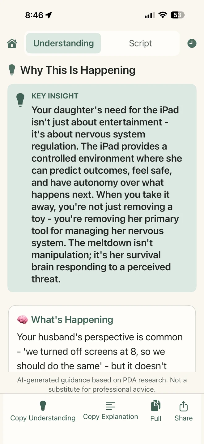 Understanding response screen